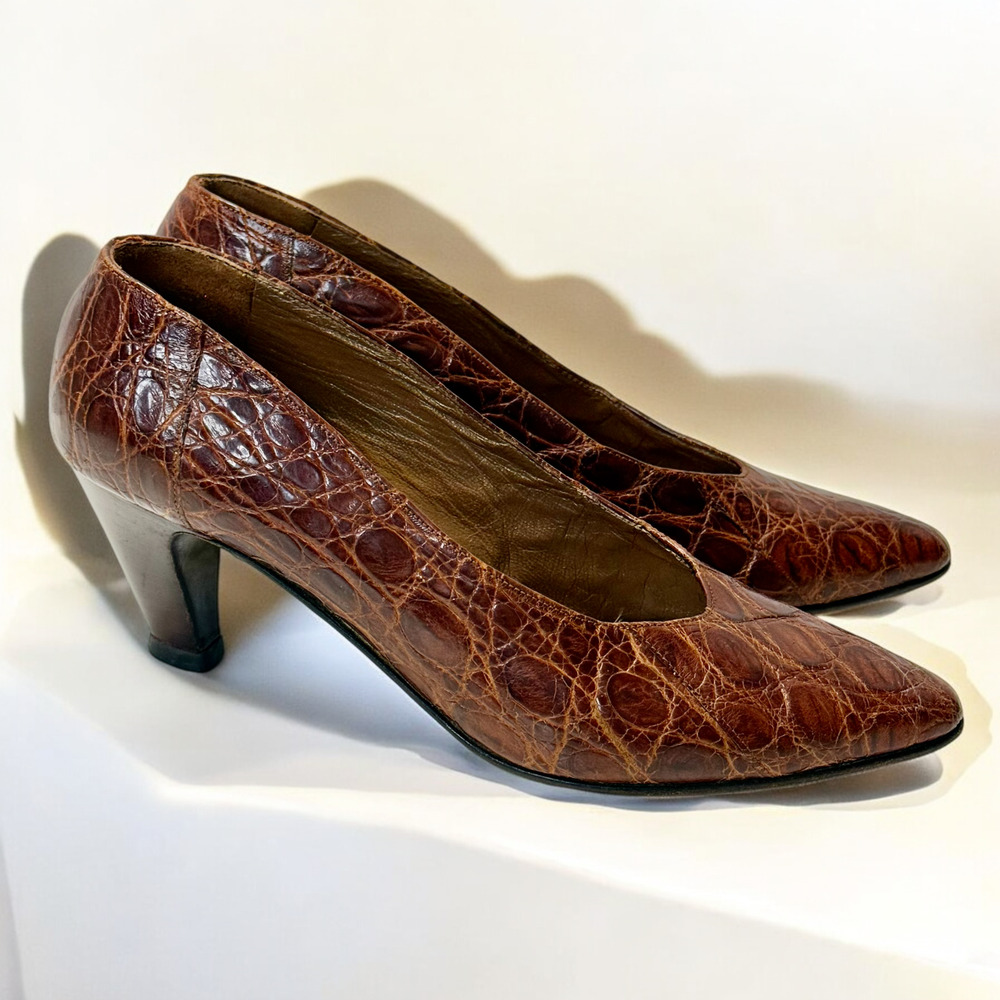 Vintage Petra Firenze Brown Pumps Exotic Alligator Skin Shoes Retro Glam Sz 6M